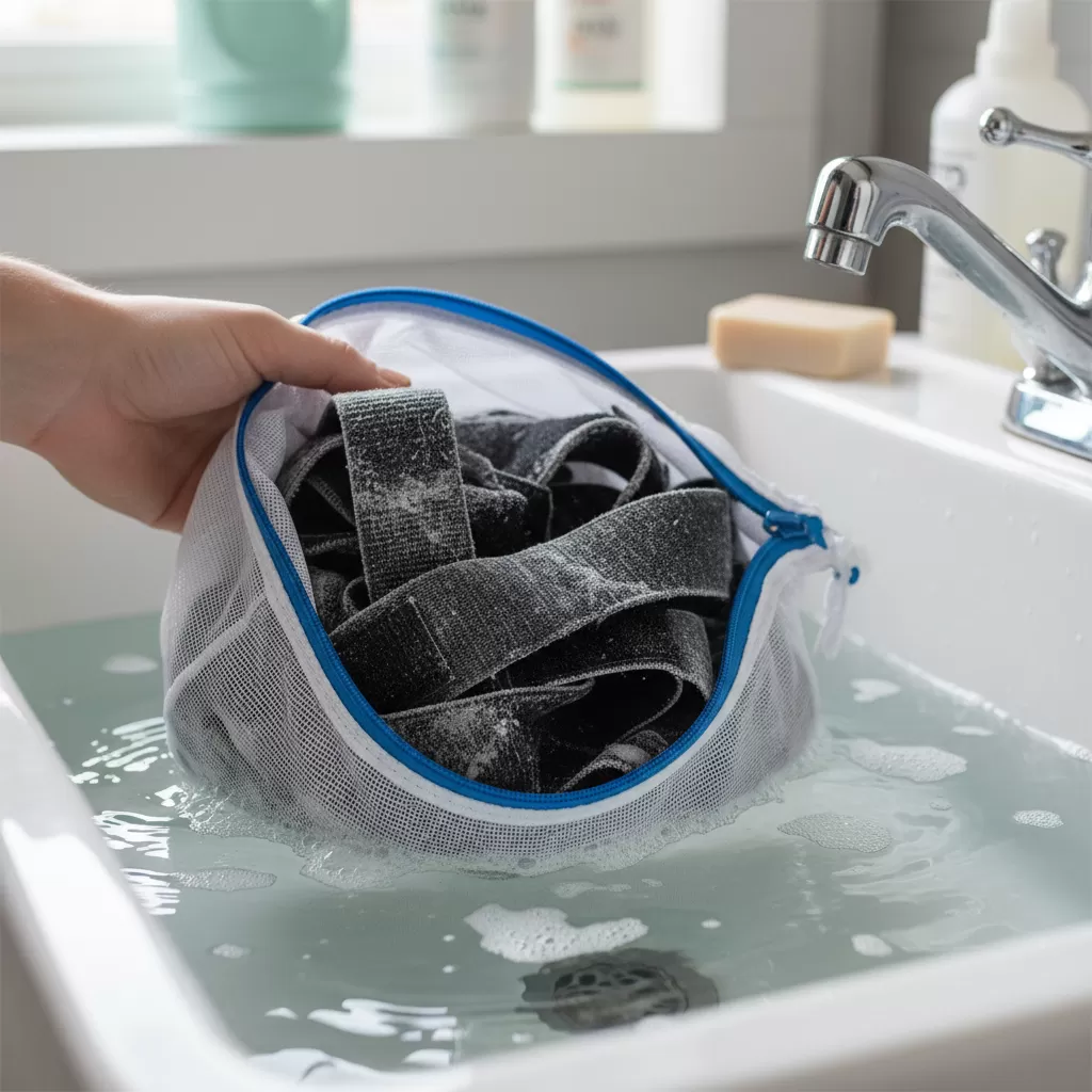 gemini_image_1772195068 Sử dụng túi giặt giúp bảo vệ dây quấn tay khỏi bị xoắn và hư hỏng