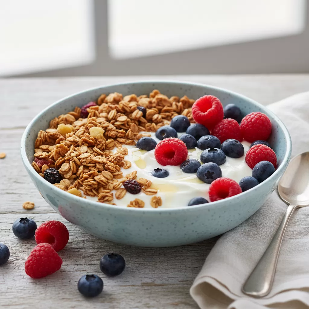 Sữa chua Hy Lạp kết hợp trái cây là bữa phụ giàu protein và chất xơ lý tưởng