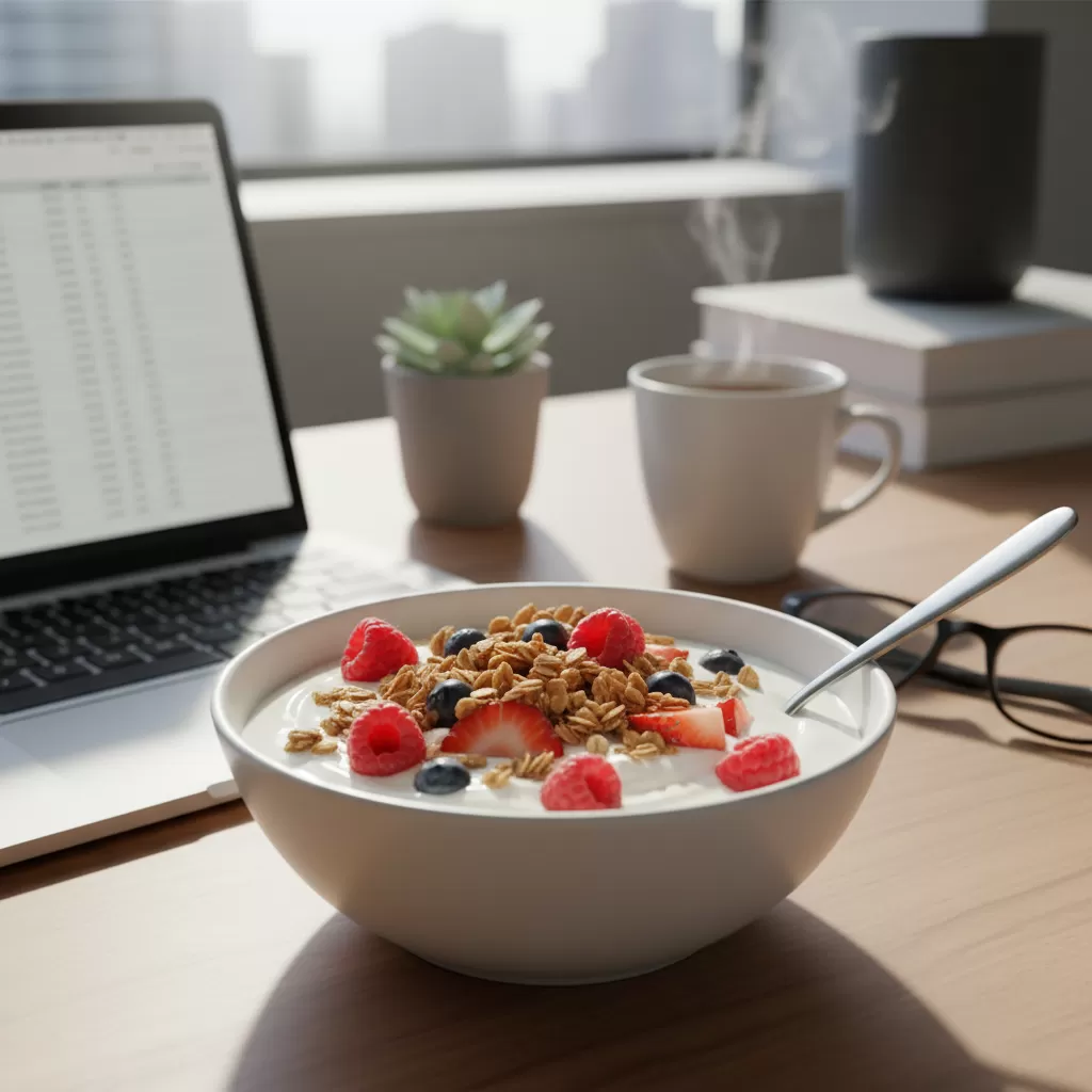 gemini_image_1772171414-1 Sữa chua Hy Lạp kết hợp quả mọng là món ăn nhẹ lý tưởng tại văn phòng