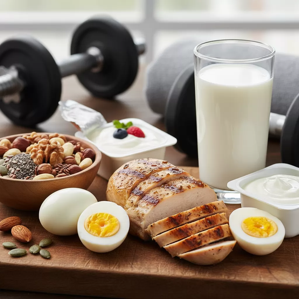 gemini_image_1772177188 Chế độ dinh dưỡng giàu protein đóng vai trò then chốt trong việc phục hồi và phát triển cơ bắp