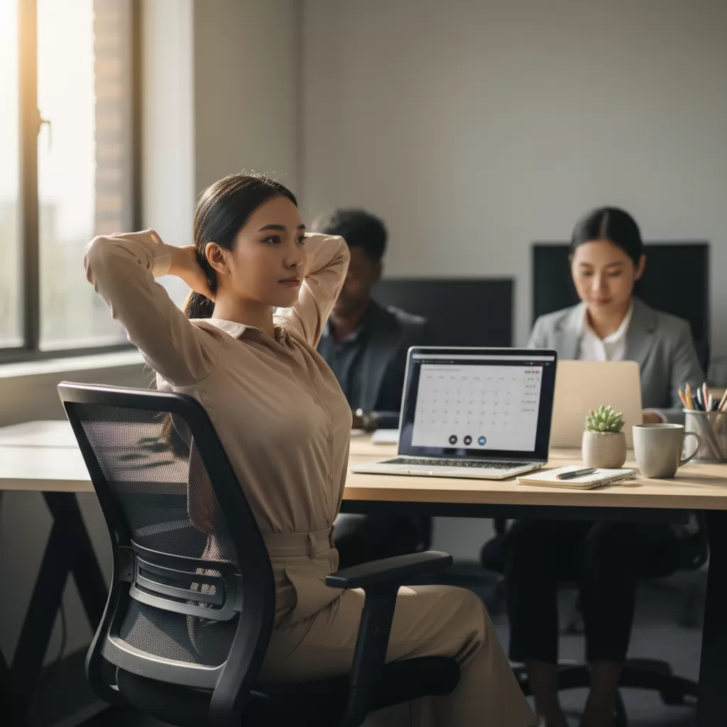 gemini_image_1772183576 Tập yoga tại chỗ giúp dân văn phòng giảm căng thẳng và mệt mỏi hiệu quả