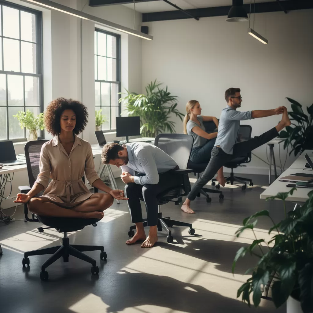 gemini_image_1772183577-1 Thực hiện các tư thế yoga ngay trên ghế giúp tiết kiệm thời gian và giảm đau mỏi tức thì