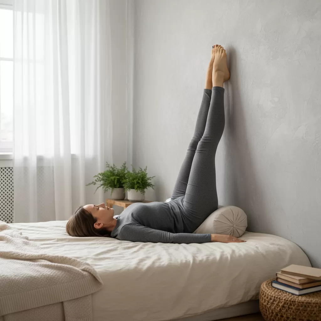 Tư thế gác chân lên tường giúp cơ thể thư giãn sâu và hỗ trợ tuần hoàn máu trước khi ngủ