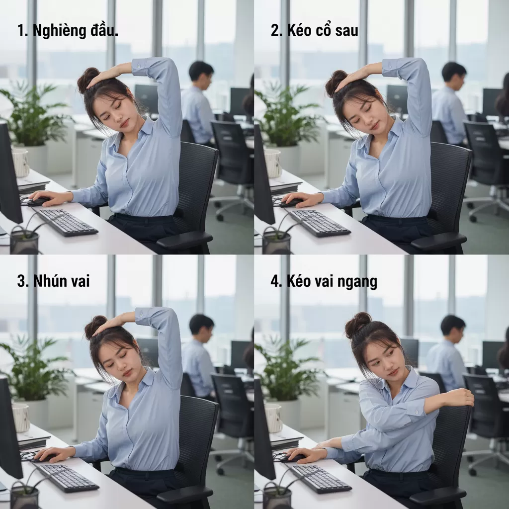 Các động tác giãn cơ cổ đơn giản giúp giảm áp lực lên cột sống cổ ngay tại bàn làm việc